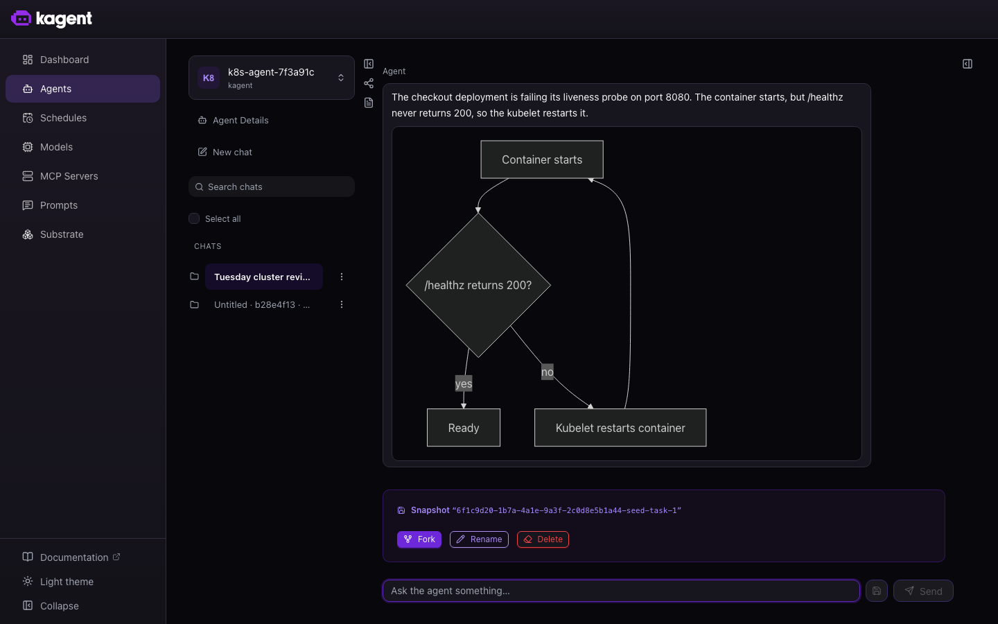 A conversation with an agent, showing a named snapshot and the controls on its mark
